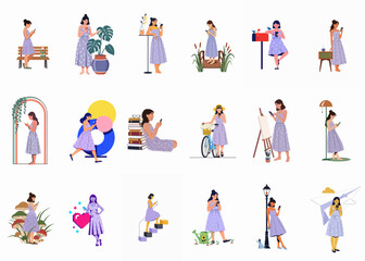 Fototapeta premium Vector illustration collection showing a woman in a purple polka dot dress using her smartphone in multiple diverse daily life and imaginative scenarios.