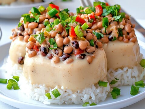 Nigerian moi moi steamed bean pudding served on a white plate with rice, topped with black-eyed peas, chopped vegetables, and herbs for a colorful presentation