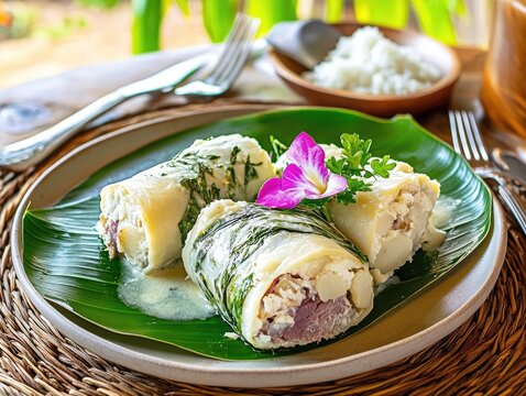 Tongan lu pulu dish featuring corned beef wrapped in taro leaves served on a green banana leaf with a flower garnish and rice in the background