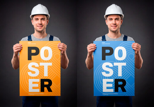 Worker holding blank poster board mockup portrait