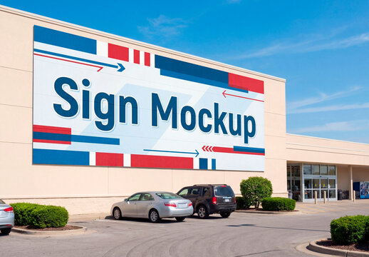 Large wall billboard mockup on commercial building