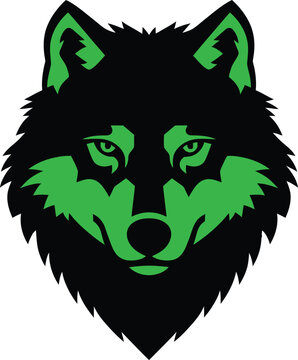Stylized black and green wolf head logo design with bold contrast