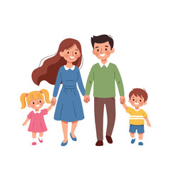 Obraz premium A happy family walks hand-in-hand, smiling with joy