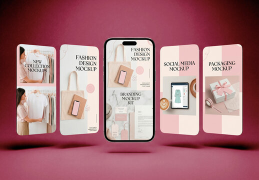 Smartphone mockup with floating blank screens