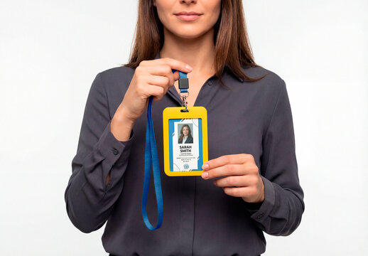 Woman Holding ID Card Lanyard Mockup