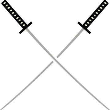 Two crossed katana swords with traditional black and white tsuba handles.
