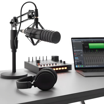 A professional recording studio setup with a microphone and headphones on a desk