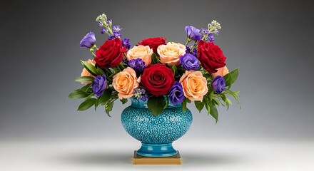 Fototapeta premium Elegant floral arrangement of roses and complementary blooms in a decorative turquoise vase