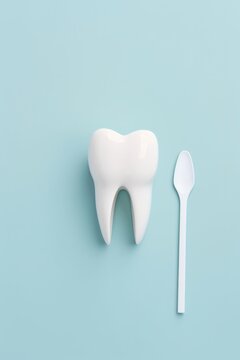 Large white tooth model placed on a soft blue background next to a small plastic spoon, symbolizing dental health and oral hygiene concepts in a creative visual representation