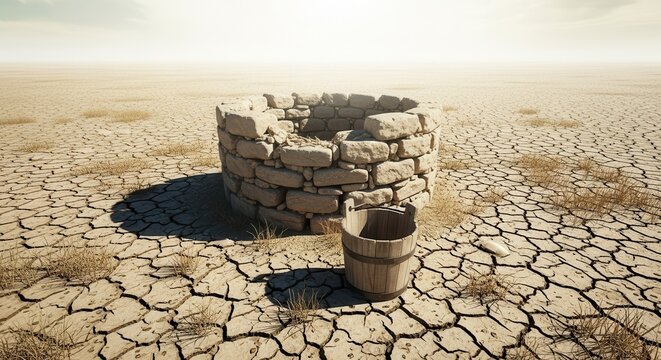 Stone water well sits in the middle of a dried and cracked desert landscape.