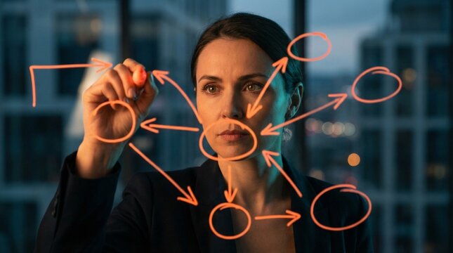 Transparent Strategy: Creative Director Brainstorming on Glass Board with Luminous Neon Marker