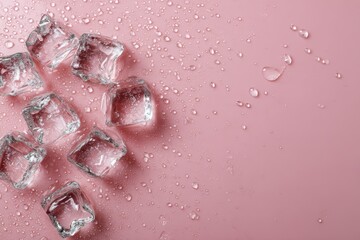 Fototapeta premium Crystallized ice cubes scattered on a soft pink background with sparkling water droplets reflecting light creating a refreshing cool sensation perfect for beverage and summer themes