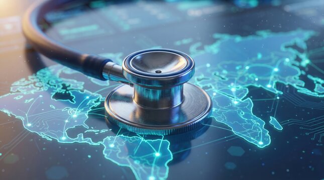 Global Healthcare: A stethoscope resting on a digital map of the world, highlighting the interconnectedness of healthcare systems and medical advancements across the globe. 