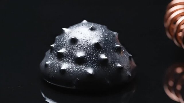 Textured metallic sphere with sharp spikes against a dark background