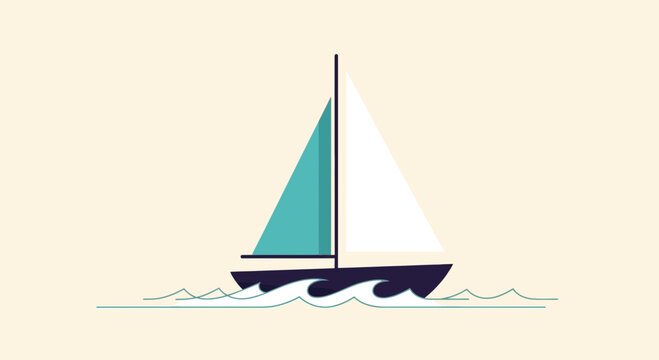 Minimalist Illustration of a Sailboat Gliding Over Calm Waters with Gentle Waves in a Soft Color Palette