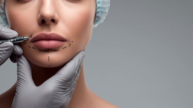 Close-up of surgeon marking upper lips area, showcasing facial rejuvenation planning, anti aging treatment and precision cosmetic procedure preparation