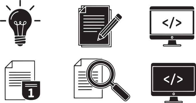 A black and white graphic illustration featuring icons related to software development and documentation.