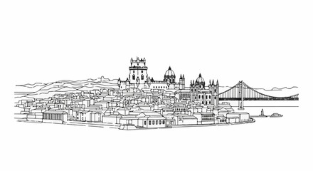 Fototapeta premium Sketch of a historic cityscape with a bridge and distant hills under a clear sky