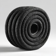 Naklejka premium A black foam roller is coiled up on a white surface