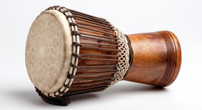 A small, wooden, hand-drum with a natural hide head, intricately corded