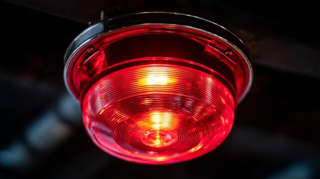 Bright red warning light glowing illuminated on a dark ceiling background indicating alertness and attention in an industrial or emergency setting