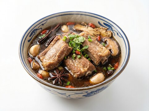 bak kut teh pork rib soup, isolated on white background, high detail, commercial use

