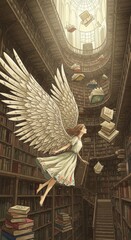 Fototapeta premium Winged figure floats amidst swirling books within a vast multi-level library.