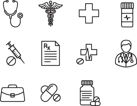 A collection of medical icons is displayed on a white background. The icons include a stethoscope, caduceus symbol, pill bottle, syringe, prescription, cross, doctor, bag, heart, and DNA strand.