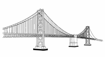Fototapeta premium Black and white sketch of a large suspension bridge with two towers