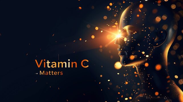 Dark luxury medical banner, deep black background with elegant gold human silhouette, subtle red highlights indicating vitamin C deficiency zones, headline text "Vitamin C Matters"
