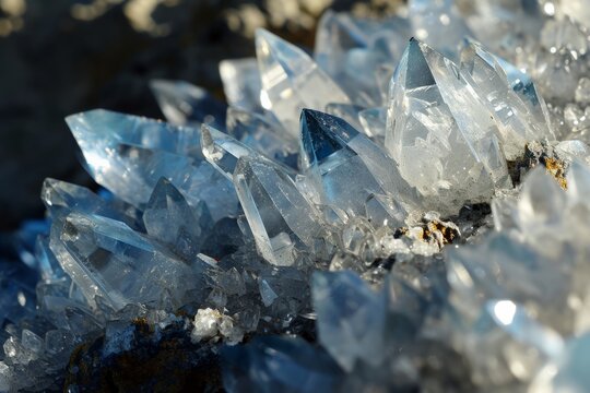 Close-up of shimmering clear quartz crystals with sharp points and intricate textures, reflecting light beautifully, showcasing natural mineral formations and geological wonders
