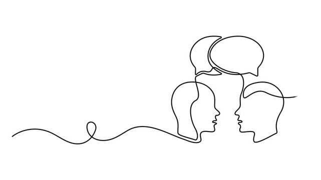 head of a man with speech bubble continuous one line drawing animation, Animated self drawing of continuous line draw. head of a man with speech bubble. Full length one line animation. 4K, Human head