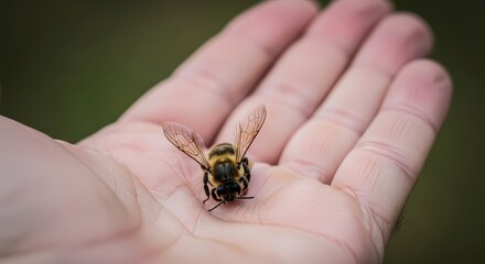 Obraz premium Honeybee rests peacefully on the open palm of a person.