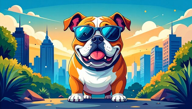 Cool Dog in the City: A stylish bulldog donning sunglasses struts confidently against a vibrant cityscape backdrop, embodying urban charm and a carefree spirit.