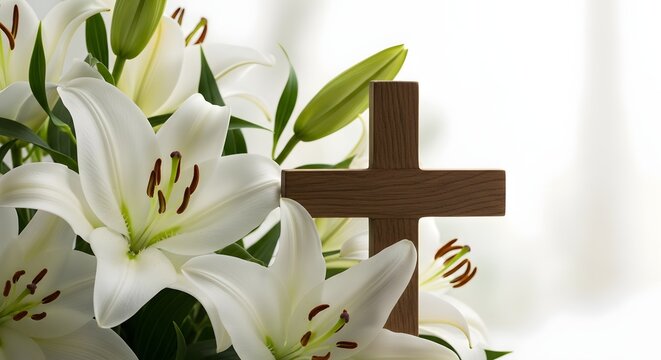 Easter day celebration white lilies and a wooden cross symbolizing resurrection and hope