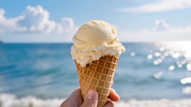 Close-up of creamy vanilla ice cream in a waffle cone held by a person against a bright ocean backdrop, capturing a refreshing summer dessert food moment by the seaside.