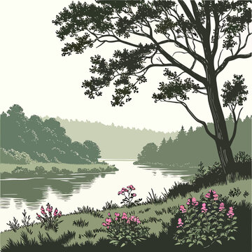 Tree by the river with pink flowers grass landscape