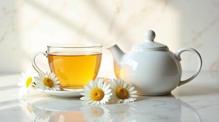 Fototapeta premium A soothing cup of herbal chamomile tea with fresh flowers and a teapot in soft natural light, symbolizing wellness, relaxation, and mindful morning routine at home.