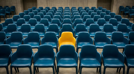 Fototapeta premium An empty auditorium with rows of blue chairs except for one bright yellow chair standing out from the rest auditorium