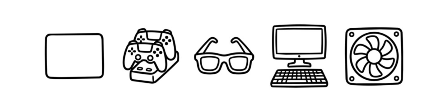 Collection of hand-drawn gaming and computer technology line art icons including game controllers, PC monitor, keyboard, glasses, and cooling fan. Minimalist black and white doodle vector set.