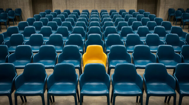 An empty auditorium with rows of blue chairs except for one bright yellow chair standing out from the rest auditorium