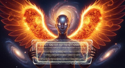 Fototapeta premium Cosmic celestial being holds a translucent tablet displaying binary code against a background of burning wings and rotating galaxies.