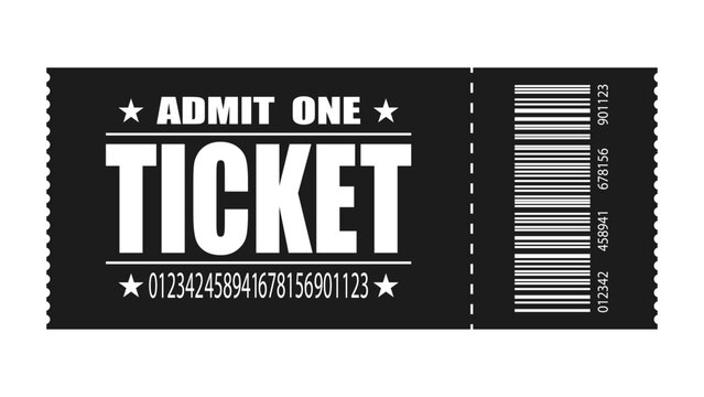 Black admit one ticket with bold typography and barcode, ideal for cinema, concerts, events, entry passes, invitations, and retro graphic designs.