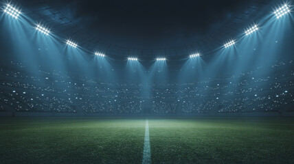 Brightly lit football field with spotlights and crowd in the background © Atik