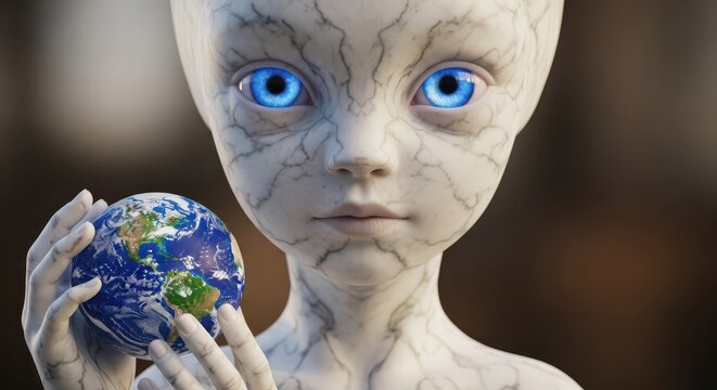 Mysterious extraterrestrial being with glowing blue eyes holds a miniature representation of planet earth.