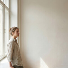 Obraz premium Woman standing near window with bright minimal wall background and side composition