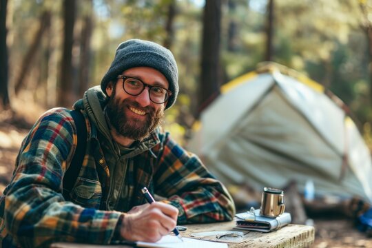 Bearded man in plaid shirt and beanie is writing in a notebook at a campsite surrounded by trees, showcasing outdoor adventure and connection with nature