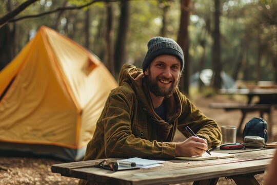 Smiling man with a beard, wearing a beanie, sits at a wooden table in a forest campsite, writing in a notebook, surrounded by nature and a tent in the background