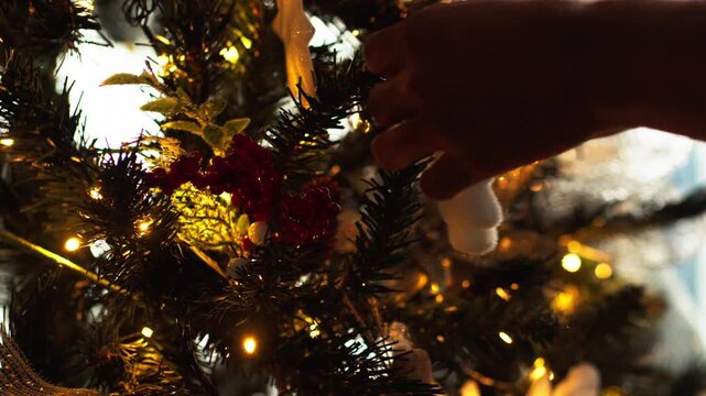 Person hanging white tree ornament on christmas fir