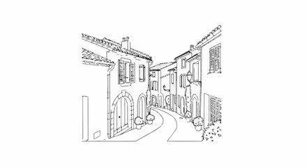 Naklejka premium A charming, sun-drenched sketch of a quaint European village street